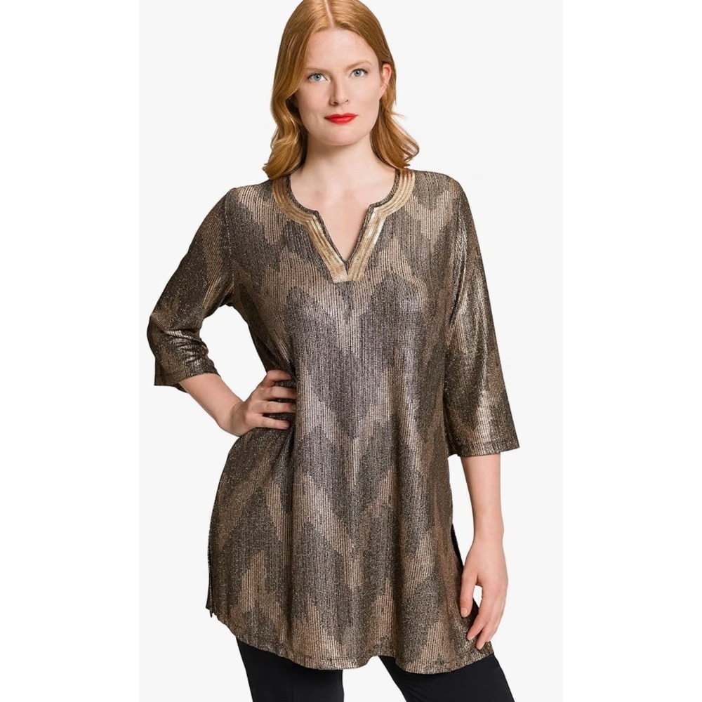 Ulla Popken Metallic Sequin V-Neck Tunic Top Silver Black Chevron 16/18